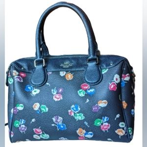 EUC Coach mini Bennett navy wildflower satchel top handles silver attached rings